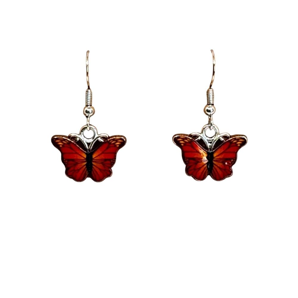 Enamel Flame Orange Butterfly Silver Earrings #2067